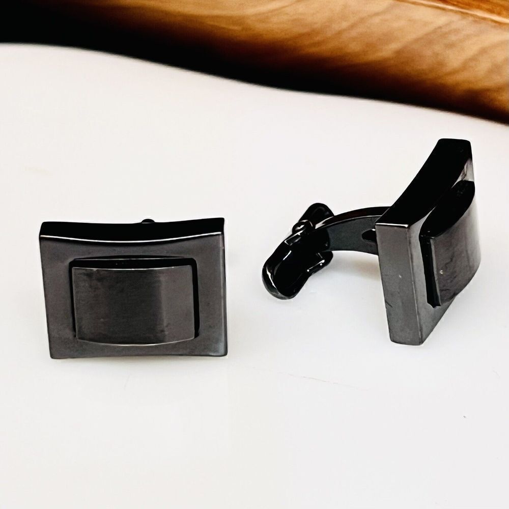 Roundtree & Yorke Cufflinks Gunmetal Black Whale Back Modern Rectangle 1190